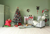 Cozy Christmas House Green Wall with Christmas Backdrop for Photography IBD-24162 - iBACKDROP-chr, chri, chris, christ, christm, Christmas Backdrops, Christmas Background, christmas tree, green walll, New Arrivals, photography backdrops